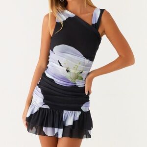 Peppermayo Black and White Floral One-Shoulder Dress